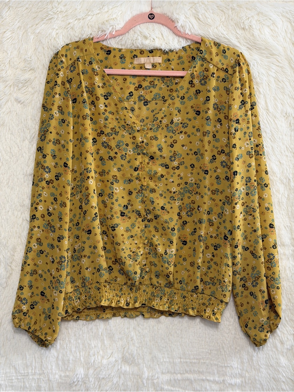 Hope & Harlow Womens Boho Peasant Floral Blouse Size XL Yellow Cottagecore Smock
